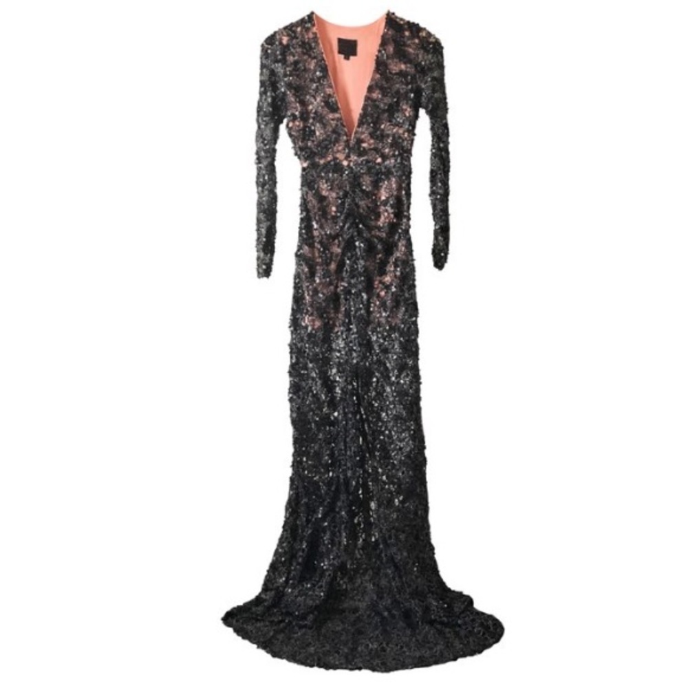 NBD Black Sequin Gown with Long Sleeves and V neck